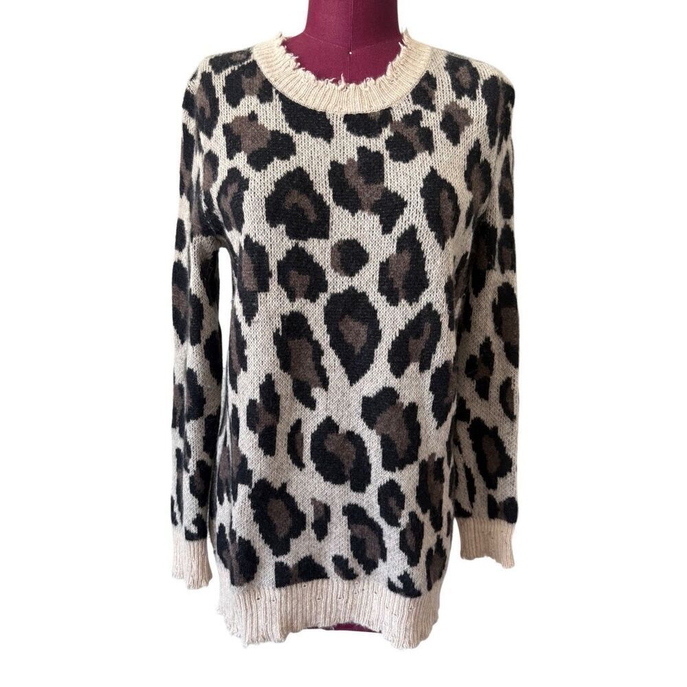 Aqua Leopard Print Cashmere Distressed Mock-Neck Sweater size M
